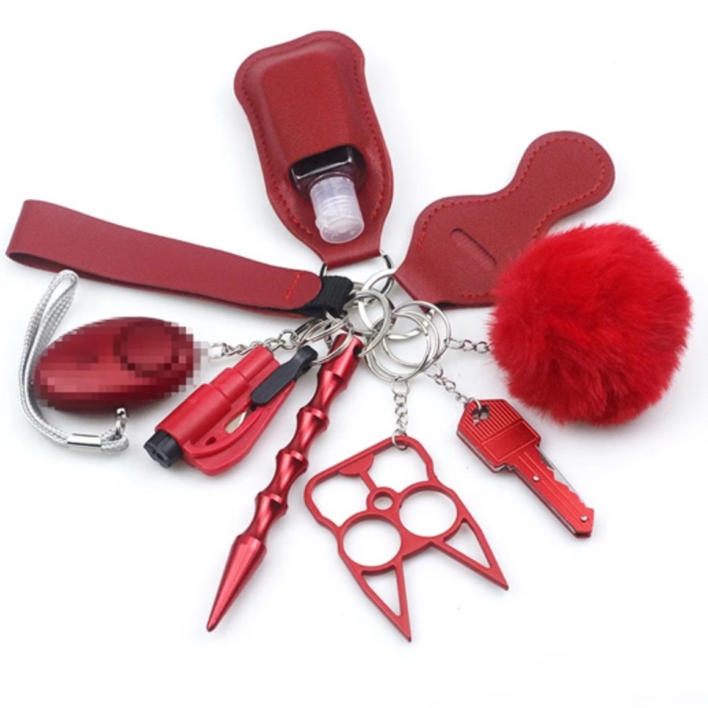 Red Safety Keychain Set with Pom-Pom